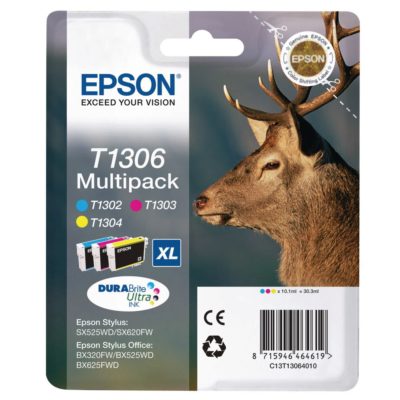 Epson Stag T1306XL DURABrite Ultra Ink, High Yield Ink Cartridge, Cyan, Magenta, Yellow Multipack, C13T13064010 Epson Stag T1306XL DURABrite Ultra Ink, High Yield Ink Cartridge, Cyan, Magenta, Yellow Multipack, C13T13064010
